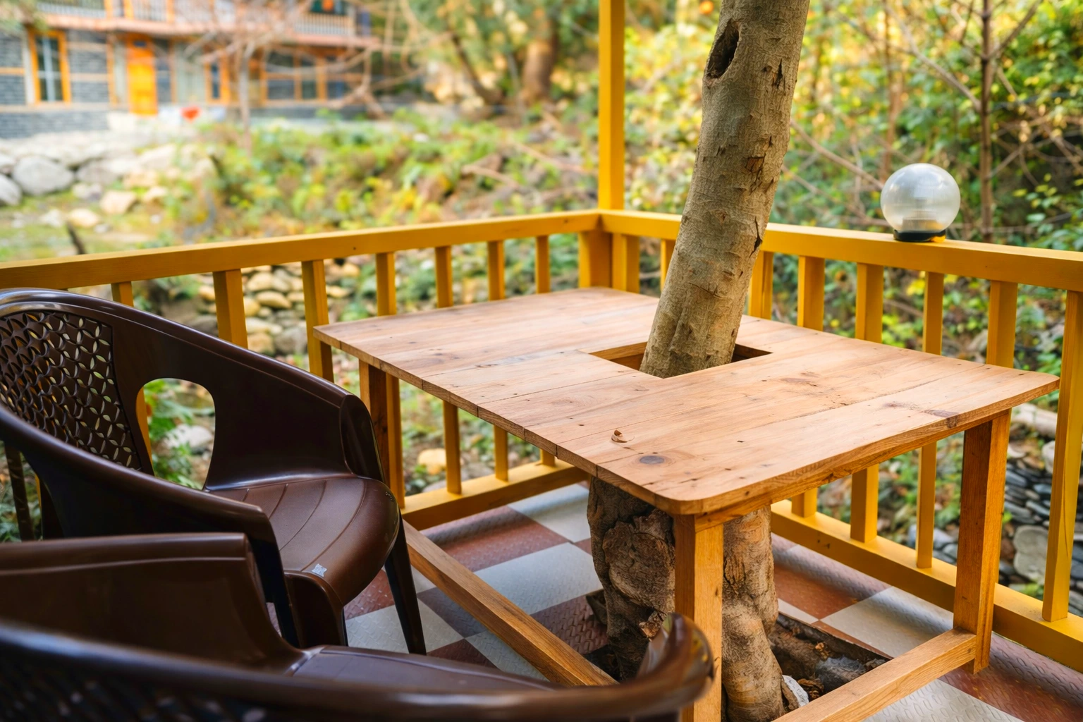 Balcony view surrounded by nature at The River Haven Homestay, Tirthan Valley